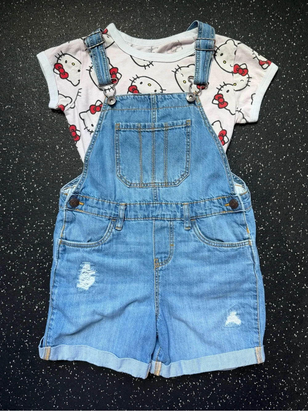 OshKosh B'gosh Light Blue Denim Shortalls with White Hello Kitty Tee